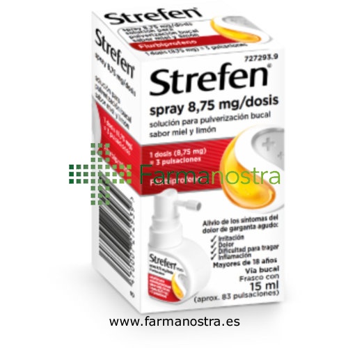 STREFEN SPRAY 8,75 MG/DOSIS SOLUCION PARA PULVERIZACION BUCAL SABOR MIEL Y LIMON 1 frasco de 15 ml